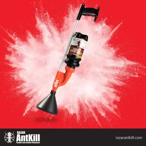 Photo of our Fire Ant Killer dispenser with a burst of white powder behind it with our logo and website address.